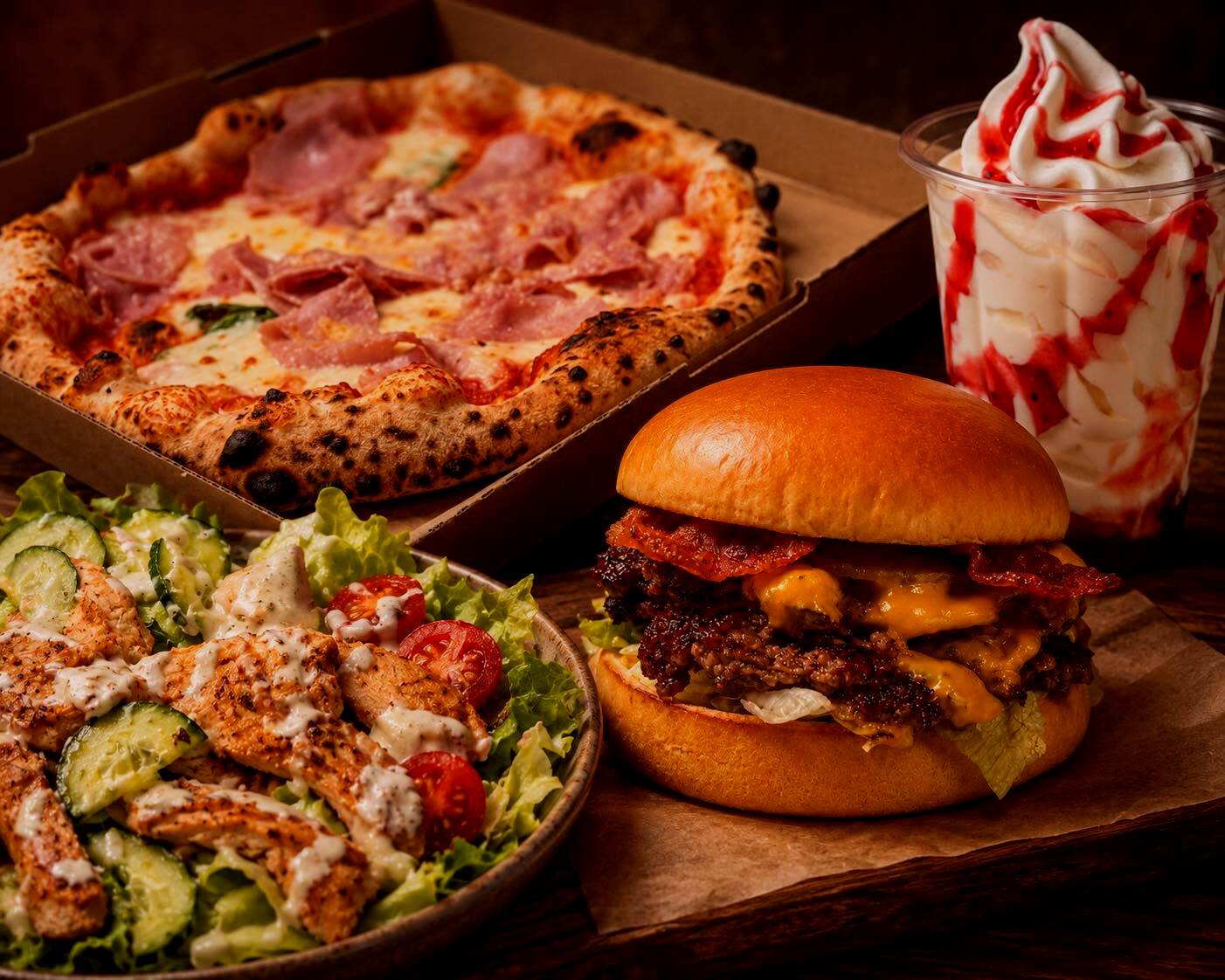 Egész sonkás pizza dobozban, mellette dupla smash burger és saláta
